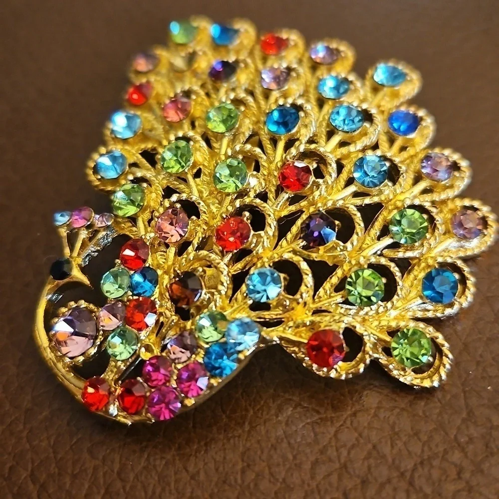 Vintage Large Colorful Rainbow Rhinestone Peacock Brooch